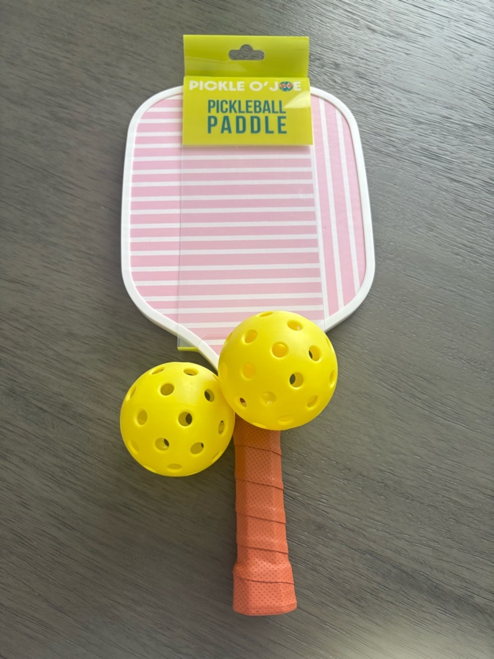 Pickle O' Joe Pink Stripe Pickleball Paddle with Yellow Balls